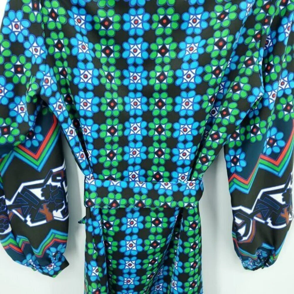 VTG Lanvin Spread Collar Patterned Self-Belt Shirt Dress M/L Blue/Green Print
